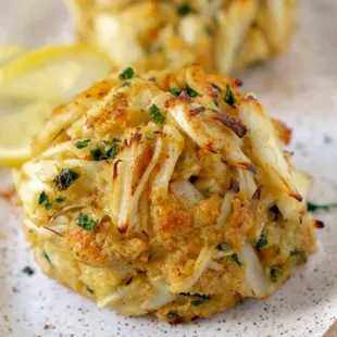 two crab cakes on a plate