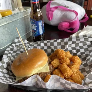 a burger and onion rings