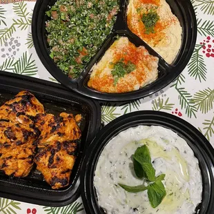 LABNE DIP (HOUSE OF CEDAR SECRET RECIPE) SMALL, Chicken KABOB, STARTER COMBO (HUMMUS, BABA GHANOUJ, AND TABOULI)