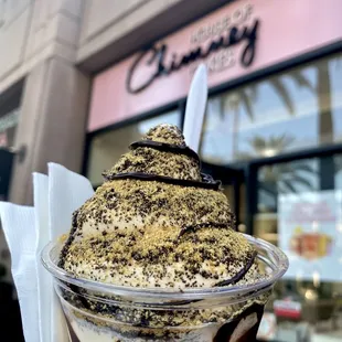 Vanilla Soft Serve with Oreos, Graham Crackers and Fudge.