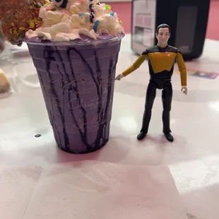 Commander Data enjoys the best ubecorn shake ever (ube flavored milkshake with fruity pebbles)