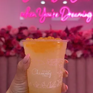 We offer a variety of Lemonades, with or without Boba, this is the peach Boba lemonade