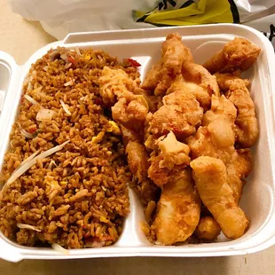 chicken and rice in a styrofoam container