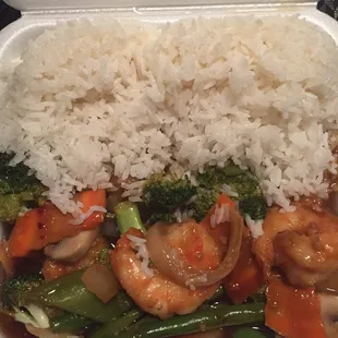 Shrimp in garlic sauce takeout. So many fresh veggies and quality size shrimp.
