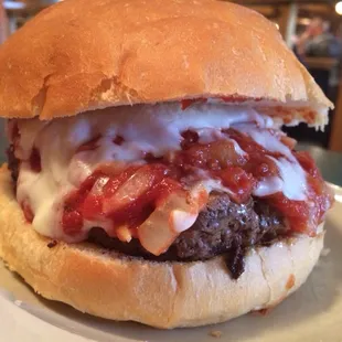 Vito's Italian Burger: burger smothered in Italian sauce, mushrooms, onions, mozzarella cheese. 3/10