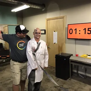 Making friends with the live zombie in the Zombie Apocalypse room. watch out though - if he touches you you have to go in to quarantine!