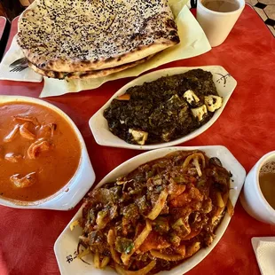 Prawn masala, spinach paneer, sada bhindi, sesame and garlic naan.