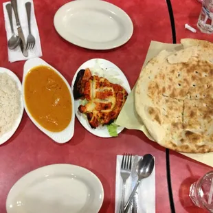 Chicken tikka masala, chicken breast tandoori, naan, and rice!