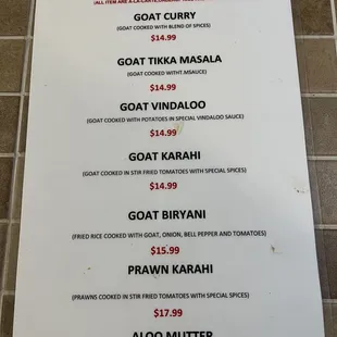 November 2023 menu