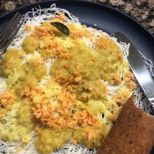 String Hoppers Meal with a Vegetable Roll