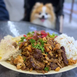 Lamb &amp; Chicken Shawarma Plate w/ hummus, rice, salad, pickles, pita (missing) | $13.99