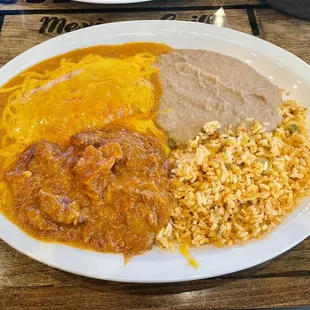 Tex Mex Plate: two cheese enchiladas, carne guisada, refried beans, and rice