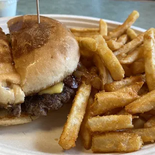 bigger burger with bacon, cheese, and battered/seasoned fries. they offered to cut it in half for us.