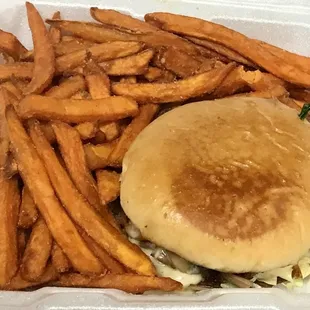 Mushroom Swiss Burger and Sweet Potato Fries