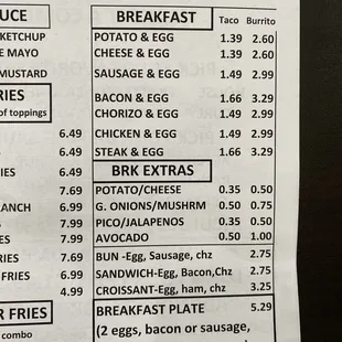 Drive thru menu for breakfast