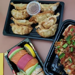 Chicken dumplings, Rainbow roll, USA roll