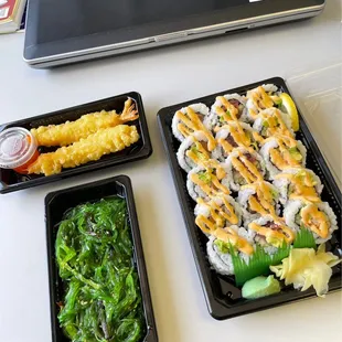 Spicy combo, shrimp tempura, Seaweed Salad