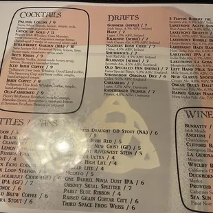 Cocktails, beer, wine menu