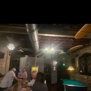 a group of people sitting around a pool table