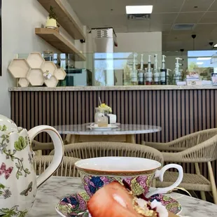 Baked Cheesecake, Pot of black loose leaf tea with raw, unfiltered house honey