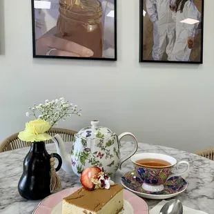 Baked Cheesecake, Pot of black loose leaf tea with raw, unfiltered house honey