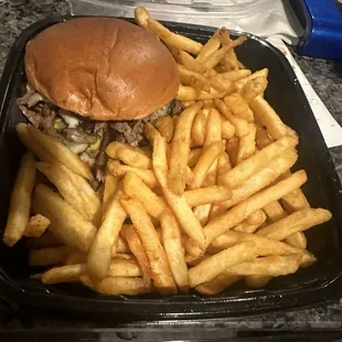 Beef shawarma burger and fries