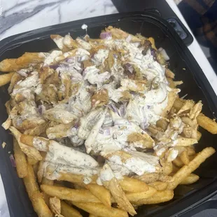 Chicken shawarma fries (with a few omitted items for child's preference)