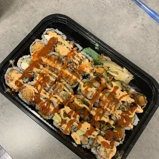Spicy crab roll, Philadelphia roll, California Roll, Eel avocado roll (ignore the sauce, I always ask for lots of extra sauce)