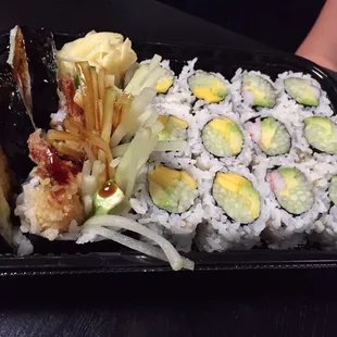 From left to right     Shrimp tempura, (Awesome!) Mango avocado cucumber, California roll (crab avo. Cucum)