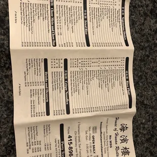 the menu for the restaurant