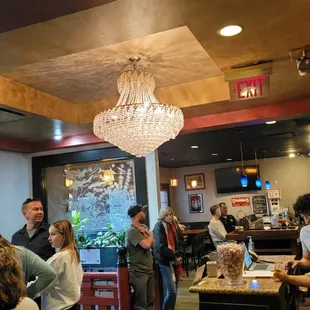 a group of people in a restaurant