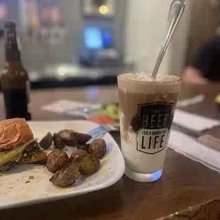 a plate of food and a drink