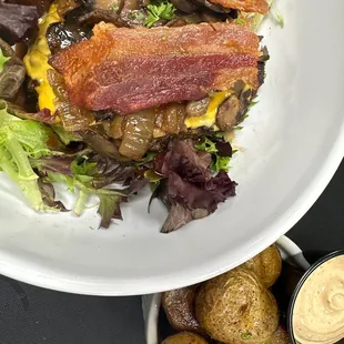 Calamity Jane burger &quot;in a bowl&quot; with a side of potatoes and chipotle dipping sauce