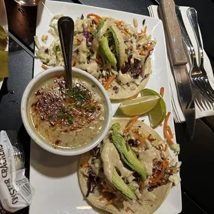 Shrimp tacos and clam chowder