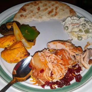 Chicken and veggie kabobs, pita, olovieh, pollo morgh