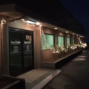 the front of the building at night