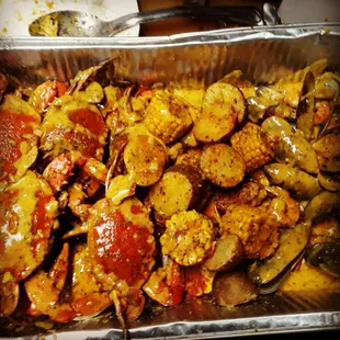 Seafood combination with blue crab