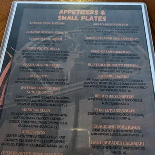 a menu for appetizers and small plates
