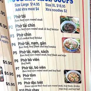 a menu for noodles and rice soups