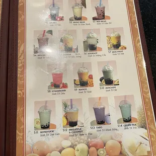 a menu for drinks
