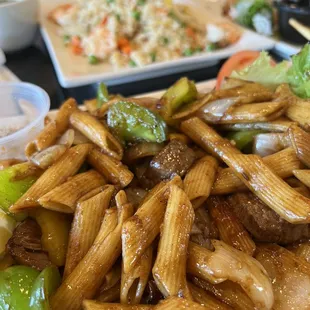 65. Cubed filet mignon with pasta and 69. Shrimp fried rice!