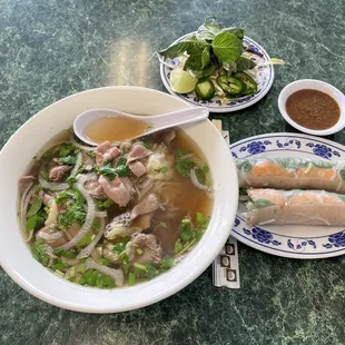 Steak and fat brisket Pho, vermicelli spring roll