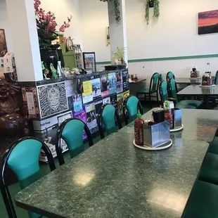 a table and chairs in a restaurant