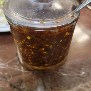 a sauce in a glass bowl