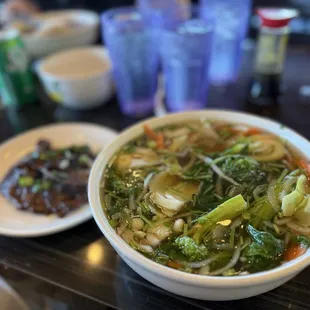Chicken broth with extra veggies and side of bbq beef well done