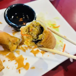 Vegetarian spring egg rolls. TIL Vietnamese spring roll is filled with taro, there is no flour at all. Good to know.