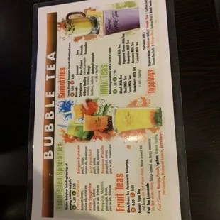 a menu for bubble tea