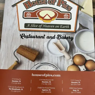 a menu for a restaurant and bakery