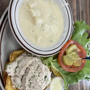 Tuna salad sandwich with side of creamy potato soup.