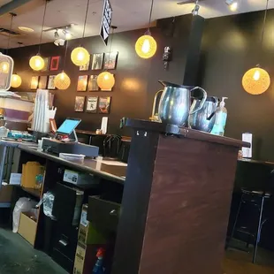 a restaurant with a counter